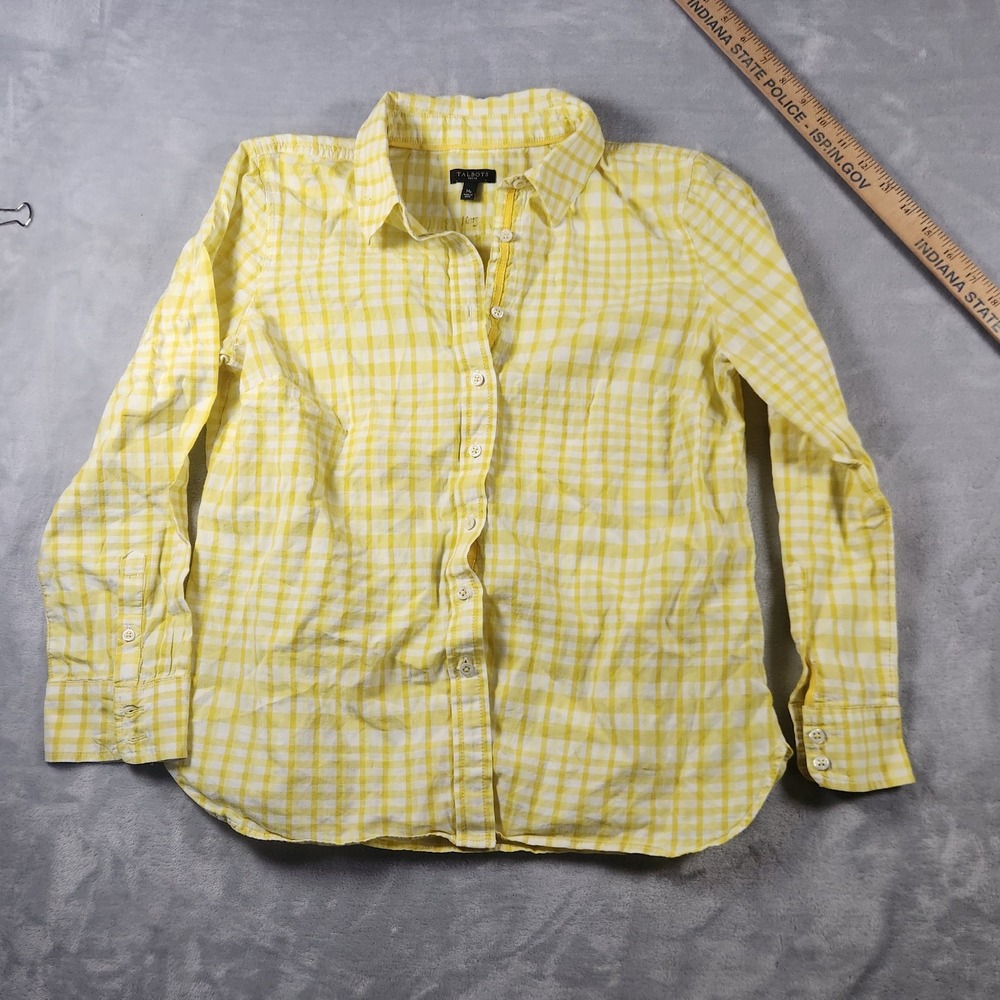 Talbots Button‎ Up Top Women Medium Petite Yellow Gingham Lightweight Cotton